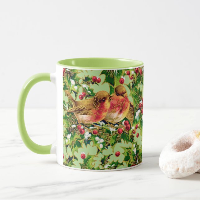 Vintage Christmas Birds Holly Faux Gold Pattern Mug (With Donut)