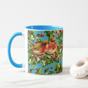 Vintage Christmas Birds Holly Faux Gold Pattern Mug