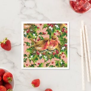 Vintage Christmas Birds Holly Faux Gold Pattern Napkin