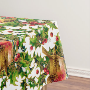 Vintage Christmas Birds Holly Faux Gold Pattern Tablecloth