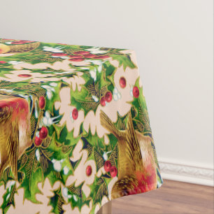 Vintage Christmas Birds Holly Faux Gold Pattern Tablecloth