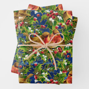 Vintage Christmas Birds Holly Faux Gold Pattern Wrapping Paper Sheet
