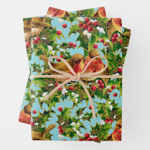 Vintage Christmas Birds Holly Faux Gold Pattern Wrapping Paper Sheet