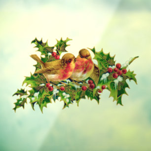 Vintage Christmas Birds Holly Faux Gold Window Cling
