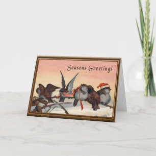Vintage Christmas Birds Red Ribbon Holiday Card