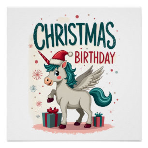Vintage Christmas Birthday Girl Unicorn Cute Holid Poster