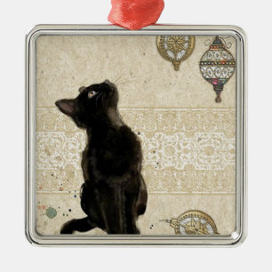 Vintage Christmas Black Cat Looking At Ornaments
