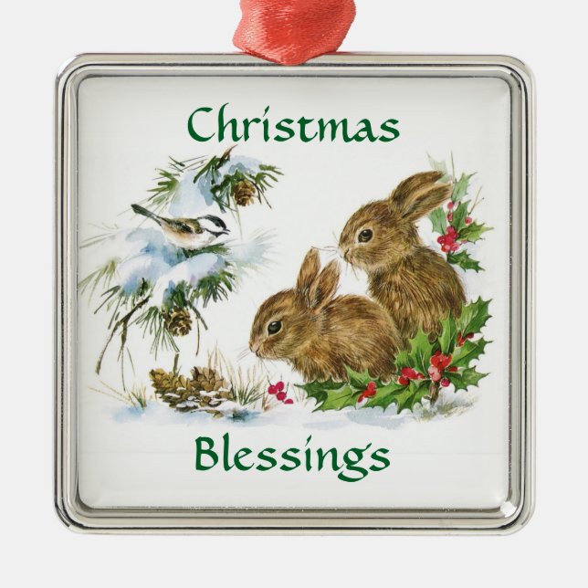 Vintage Christmas Blessings Bunnies Metal Ornament (Front)