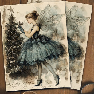 Vintage Christmas Blue Fairy Floral Decoupage  Tissue Paper