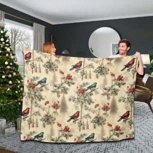 Vintage Christmas Blue Jay Red Mockingbird Fleece Blanket