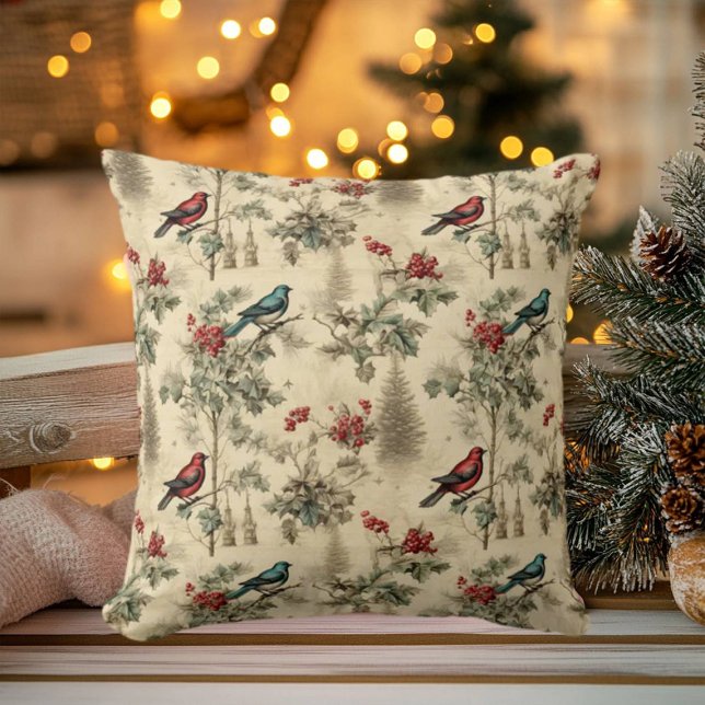 Vintage Christmas Blue Jay Red Mockingbird Throw Pillow (Creator Uploaded)