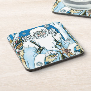 Vintage Christmas, Blue Santa Claus with Snowglobe Coaster