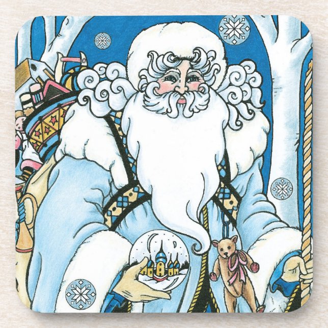 Vintage Christmas, Blue Santa Claus with Snowglobe Coaster (Front)