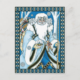 Vintage Christmas, Blue Santa Claus with Snowglobe Holiday Postcard