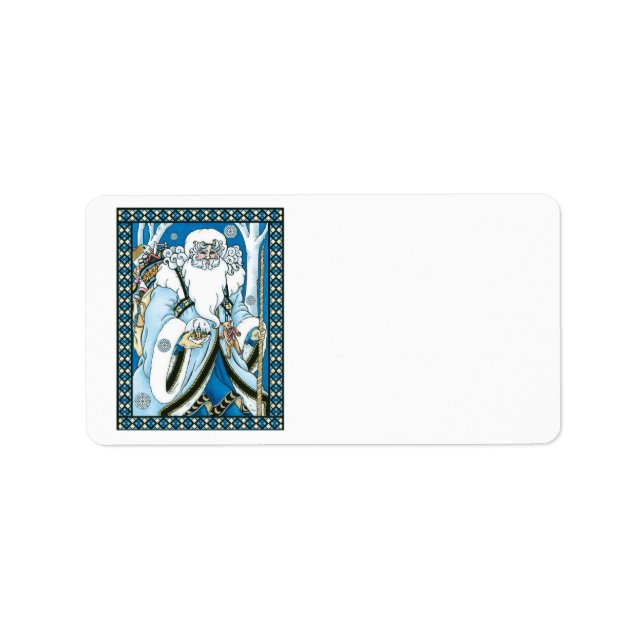 Vintage Christmas, Blue Santa Claus with Snowglobe Label (Front)