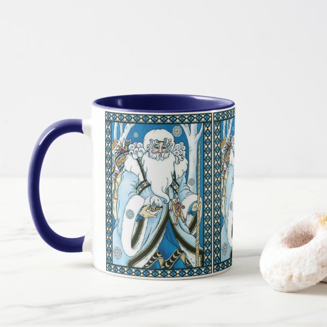 Vintage Christmas, Blue Santa Claus with Snowglobe Mug (With Donut)