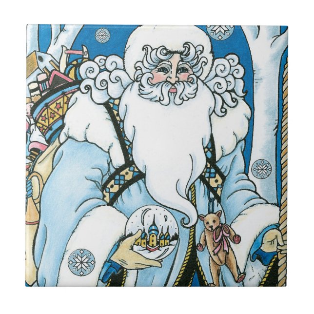 Vintage Christmas, Blue Santa Claus with Snowglobe Tile (Front)