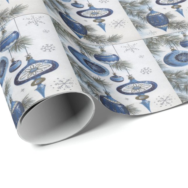 Vintage, Christmas, Blue  Silver Ornaments Wrapping Paper (Roll Corner)