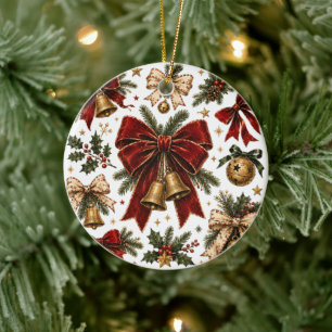Vintage Christmas Bows and Golden Bells Holiday Ceramic Ornament