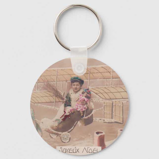 Vintage Christmas Boy Flying Airship Fantasy Keychain (Front)