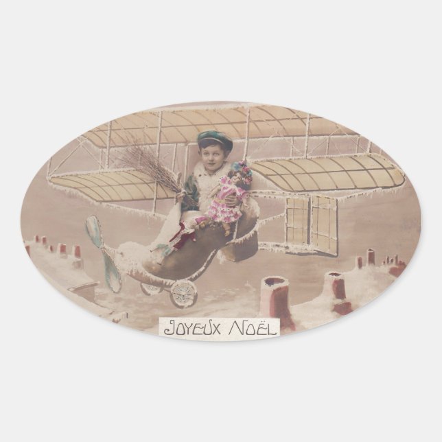 Vintage Christmas Boy Flying Airship Fantasy Oval Sticker (Front)