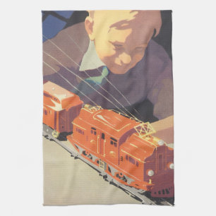 Vintage Christmas, Boy Playing with Toys Trains Kitchen Towel