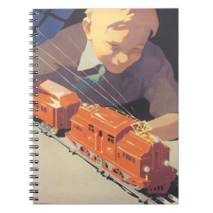 Vintage Christmas, Boy Playing with Toys Trains Notebook