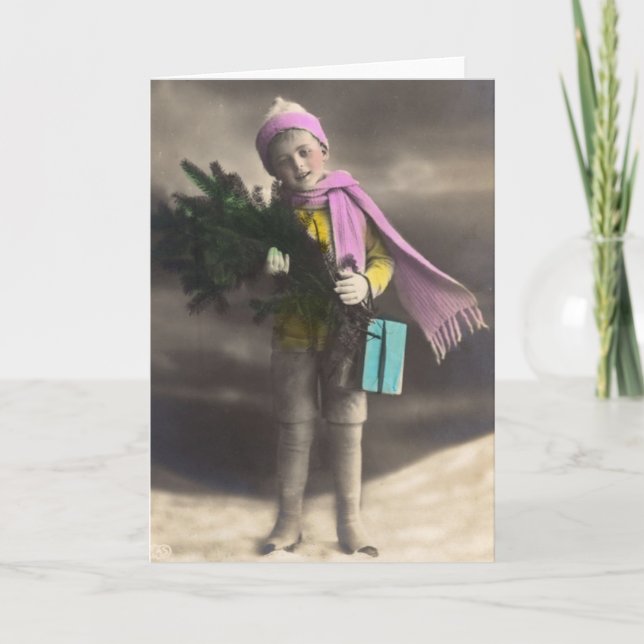 Vintage Christmas Boy, Tree & Gifts Holiday Card (Front)