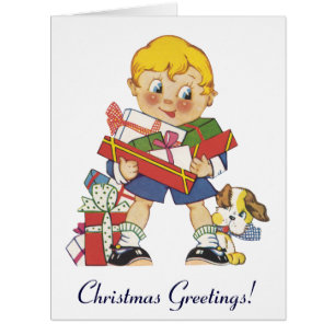 Vintage Christmas, Boy with Presents and Puppy Dog