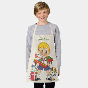 Vintage Christmas, Boy with Presents and Puppy Dog Apron