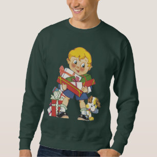 Vintage Christmas, Boy with Presents and Puppy Dog Sweatshirt