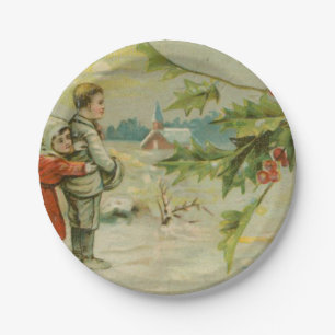 Vintage Christmas Bridge and Children Paper Plate