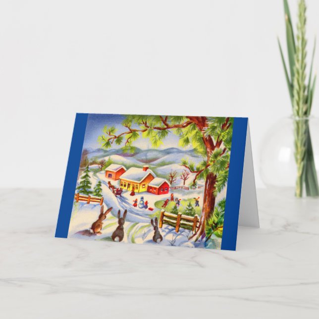 Vintage Christmas bunnies watching Christmas Card (Front)