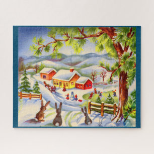 Vintage Christmas bunnies watching Christmas Jigsaw Puzzle