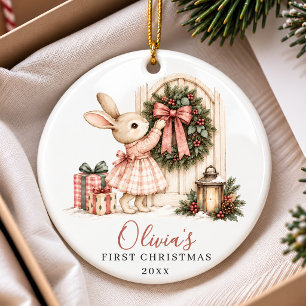 Vintage Christmas Bunny Wreath First Christmas Ceramic Ornament