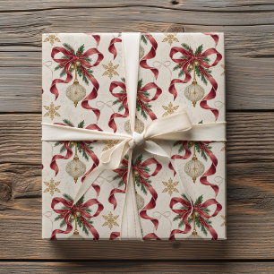 Vintage Christmas Burgundy Velvet Bows & Ornaments Wrapping Paper