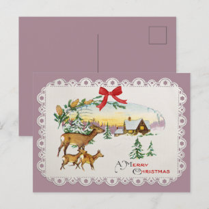 Vintage Christmas Cabin & Deer Holiday Postcard