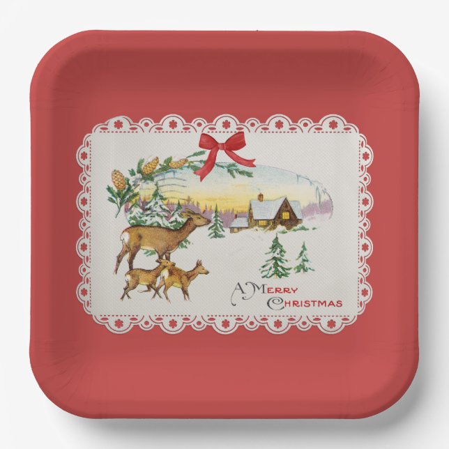 Vintage Christmas Cabin & Deer Paper Plate (Front)