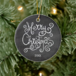 Vintage Christmas Calligraphy Chalkboard Photo Ceramic Ornament<br><div class="desc">Vintage Merry Christmas Calligraphy Chalkboard double-sided tree ornament featuring your uploaded photo and custom text.  Easily add your name,  year and own text to create a beautiful holiday keepsake.</div>