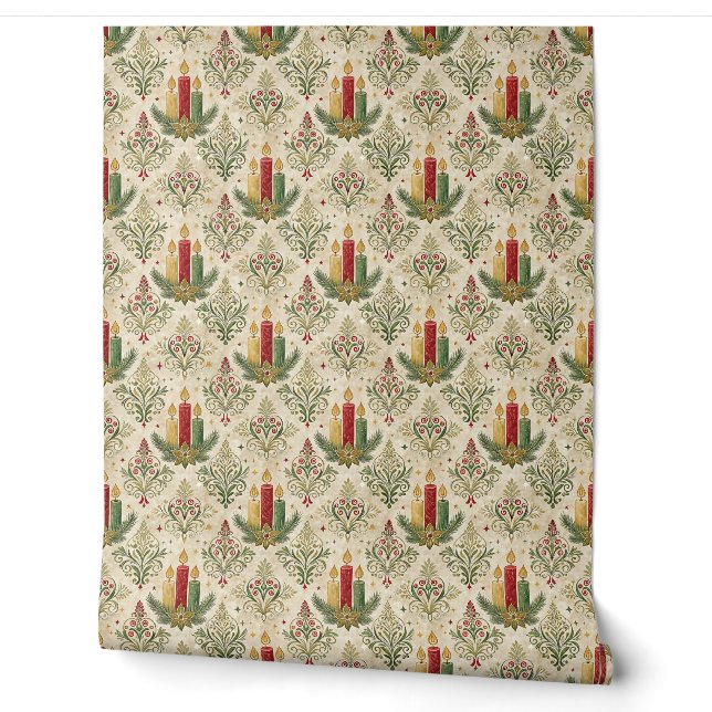 Vintage Christmas Candle Damask Pattern  Wallpaper (Unrolling)