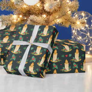 Vintage Christmas Candles Holly Pattern Wrapping Paper