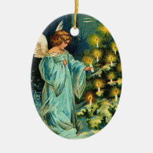 Vintage Christmas Candles on Tree With Angel Ceramic Ornament