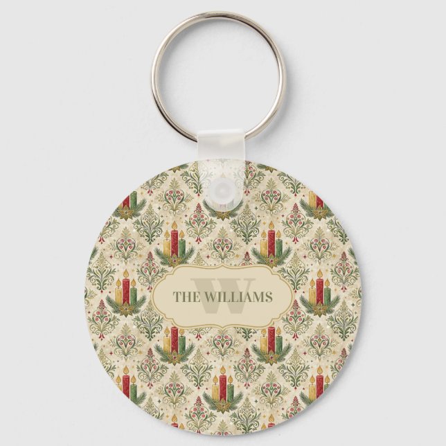 Vintage Christmas Candles & Ornaments Monogram Keychain (Front)