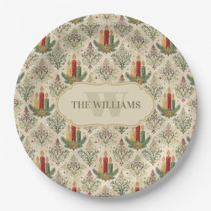 Vintage Christmas Candles & Ornaments Monogram Paper Plate