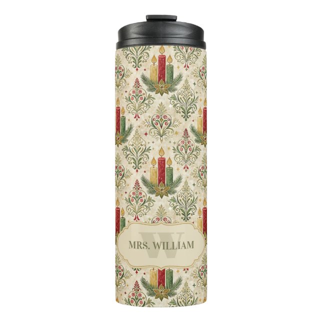 Vintage Christmas Candles & Ornaments Monogram Thermal Tumbler (Front)