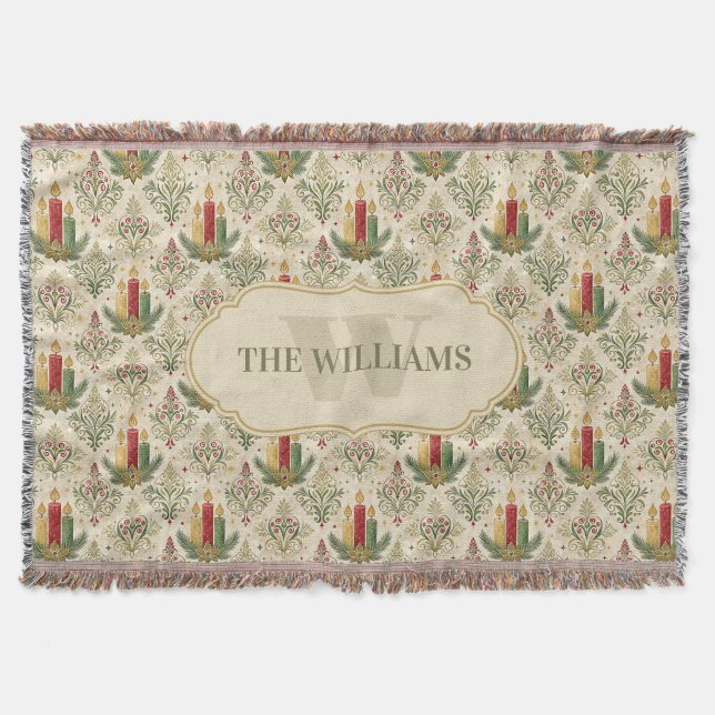 Vintage Christmas Candles & Ornaments Monogram Throw Blanket (Front)