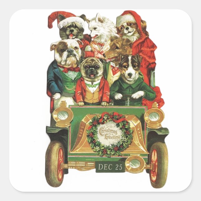 Vintage Christmas Car Load Of Dogs Square Sticker (Front)