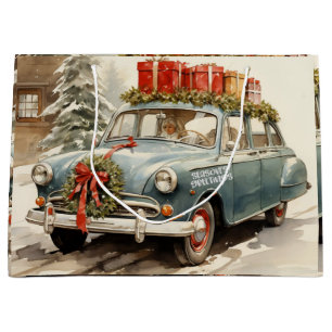 Vintage Christmas Car with Presents  Large Gift Bag