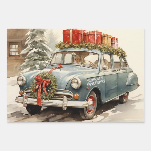 Vintage Christmas Car with Presents  Wrapping Paper Sheet (Front)
