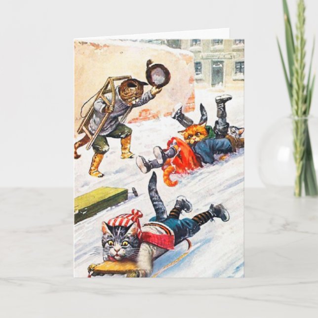 Vintage Christmas Card, Cats Sleigh Ride Holiday Card (Front)